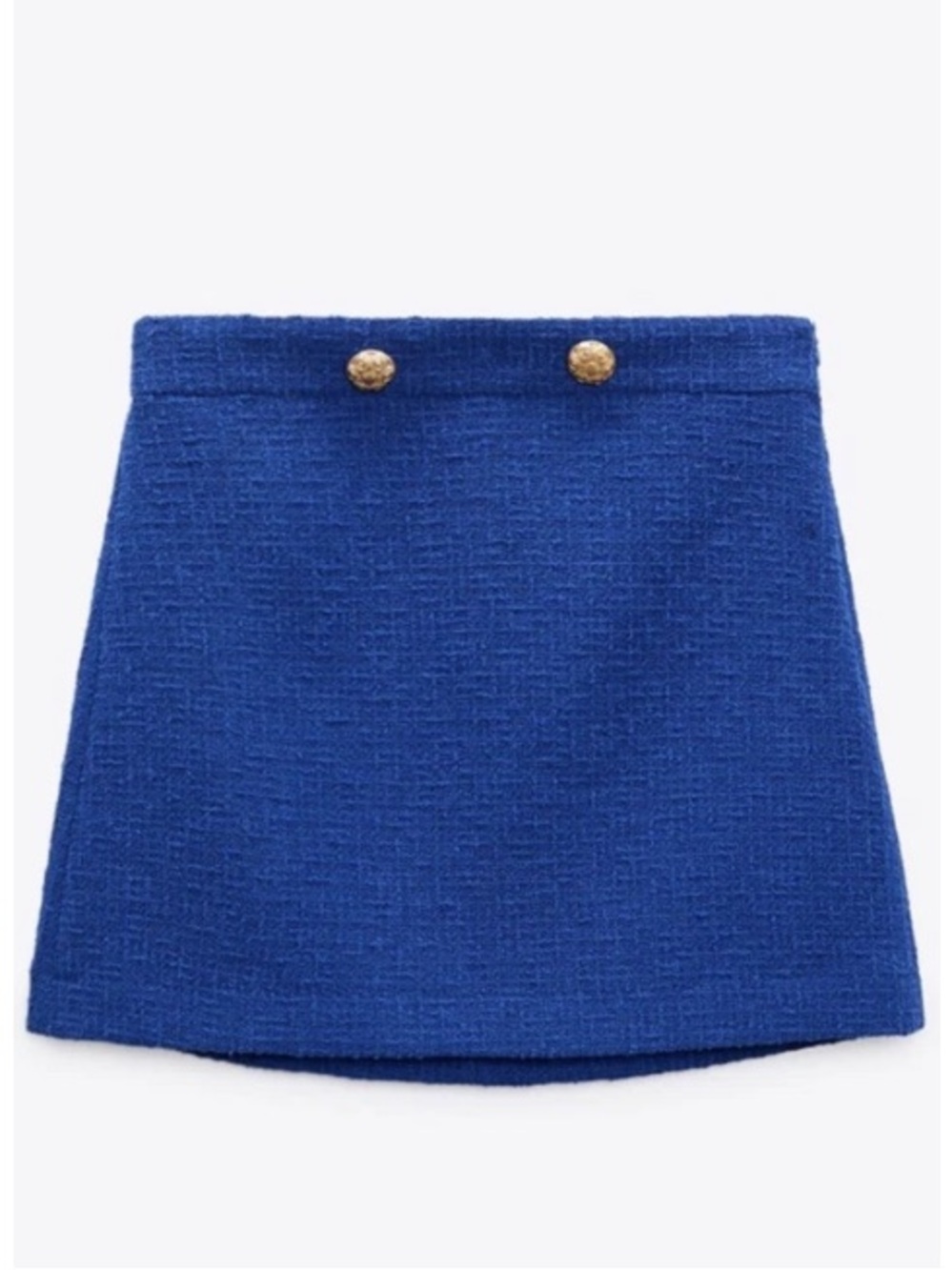 ZARA Blue Tweed Mini Skirt Preppy Gold Buttons Military Chanelesque Small